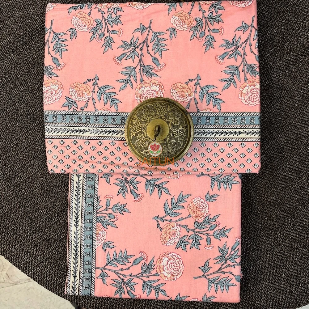 Blush Carnation Floral Double Bedsheet – Folded View Blush Carnation floral double bedsheet in soft pink with grey botanical print and decorative border