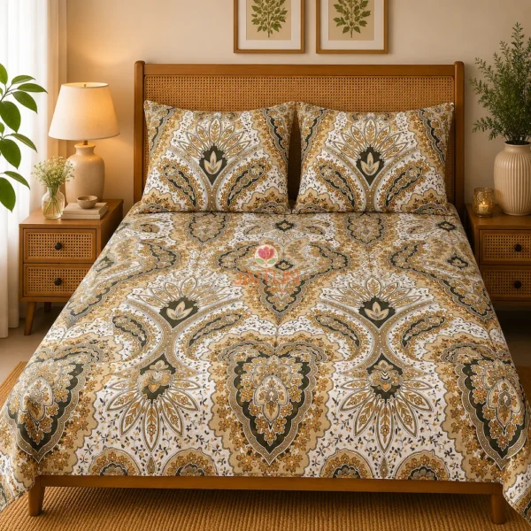 Blush Desert Royale printed double bedsheet styled on bed with two matching pillow covers