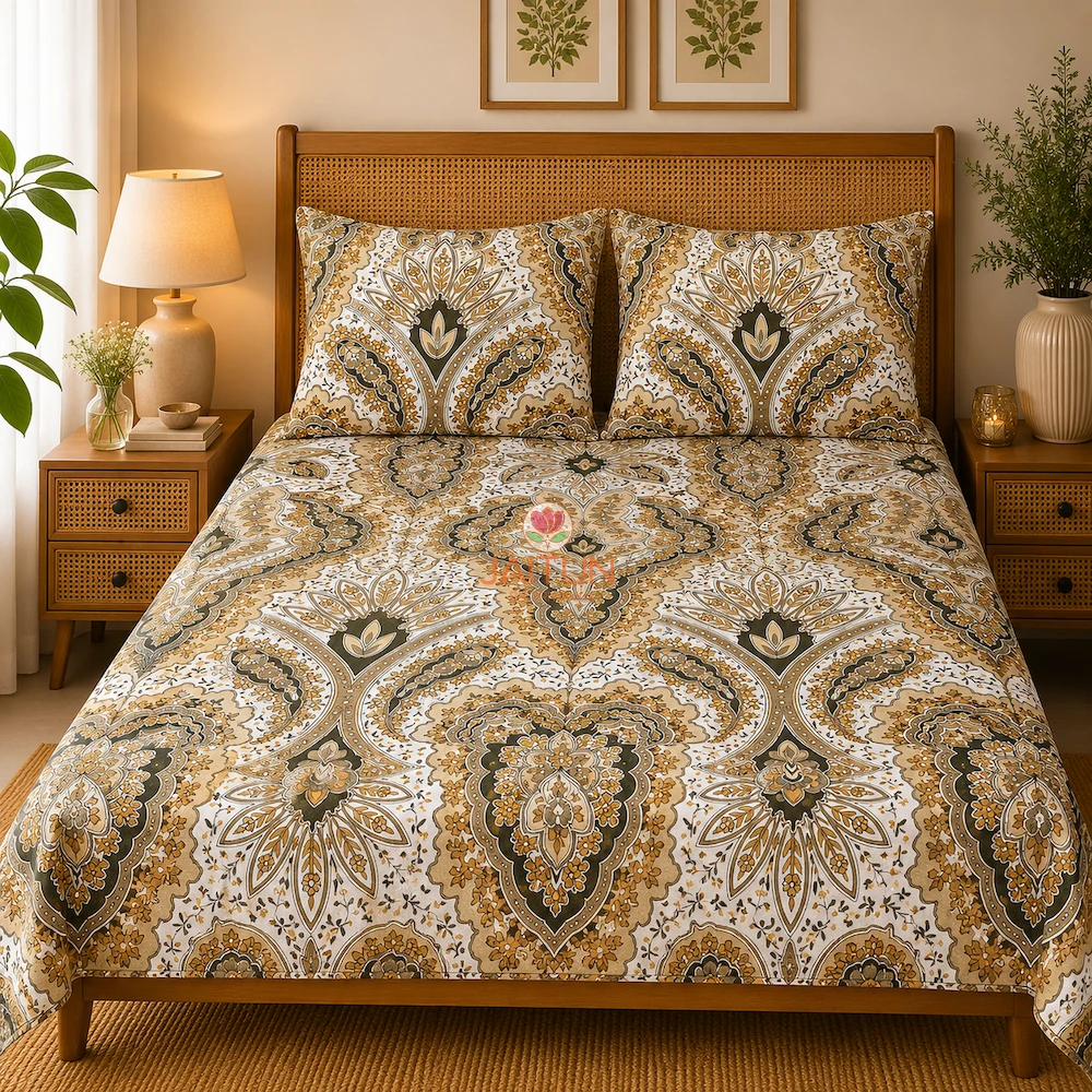 Blush Desert Royale Bedsheet – Bed Display Blush Desert Royale printed double bedsheet styled on bed with two matching pillow covers