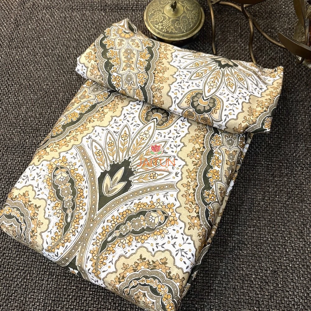 Desert Royale Bedsheet – Folded Set Desert Royale bedsheet folded set featuring beige, mustard and olive ornamental floral print