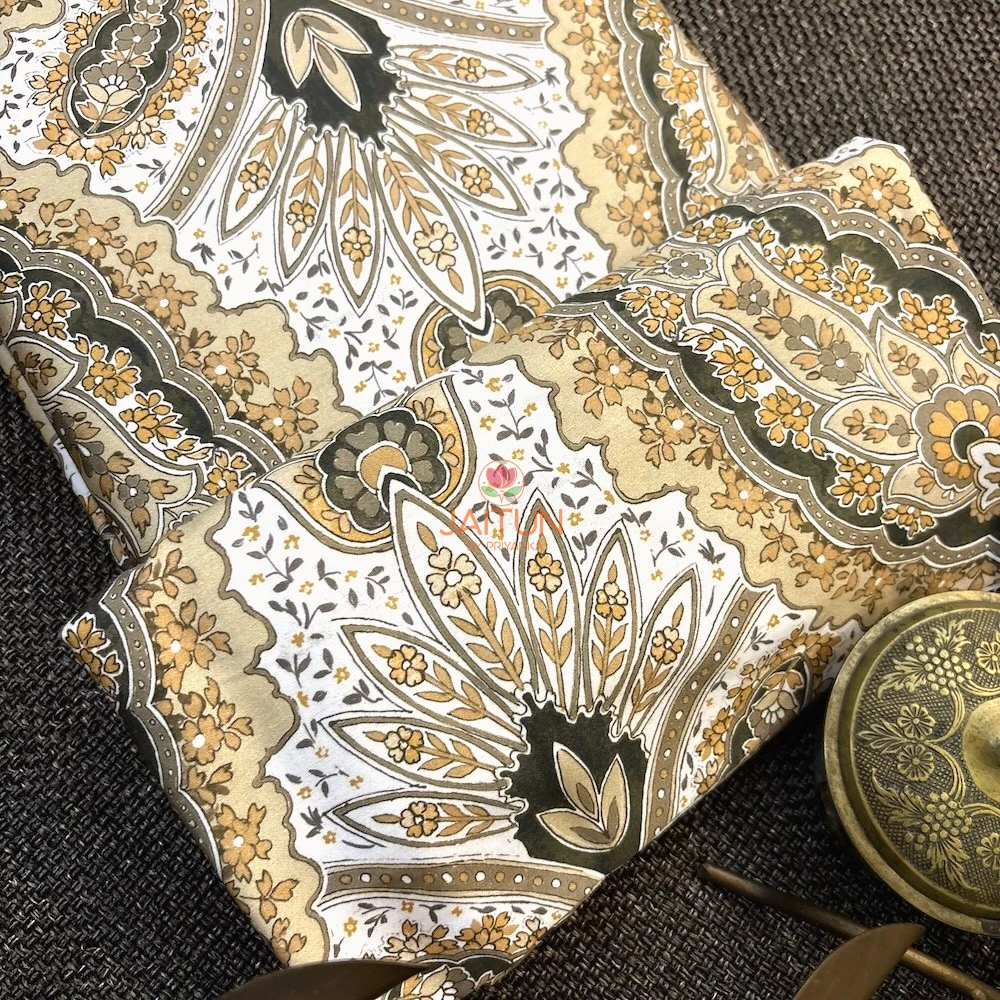 Desert Royale Bedsheet – Print Detail Close-up of the beige, mustard and olive ornamental floral pattern on Blush Desert Royale bedsheet