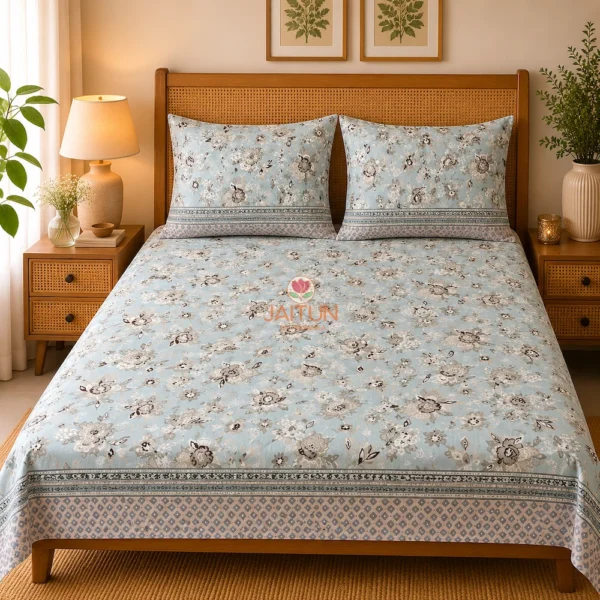 loud Petals double bedsheet displayed on a bed with two matching floral pillow covers by Jaitun