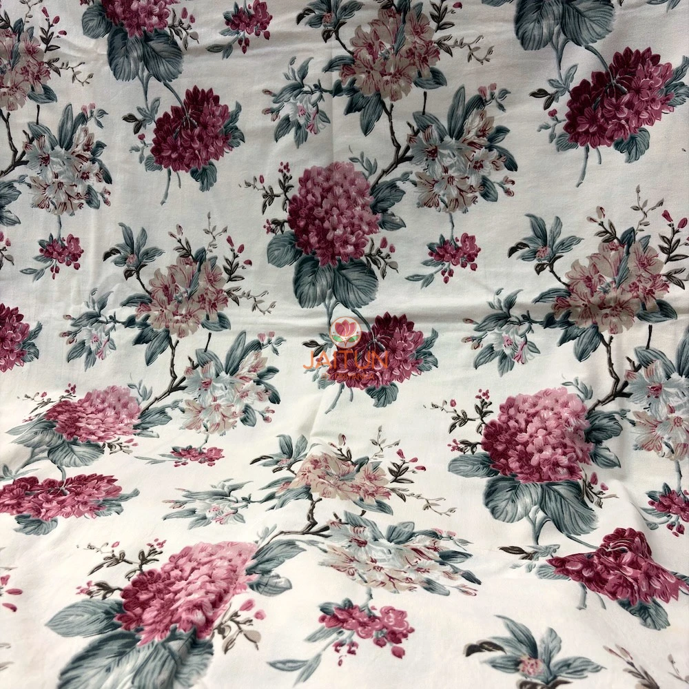 English Garden Bedsheet – Pattern Close-Up Detailed English Garden bedsheet pattern with magenta pink blooms and muted green foliage