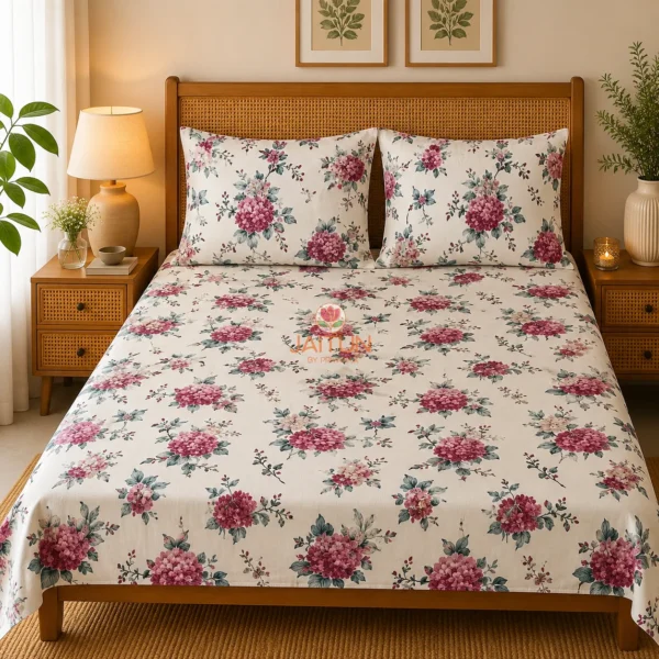 English Garden floral bedsheet with matching pillow covers styled on a double bed