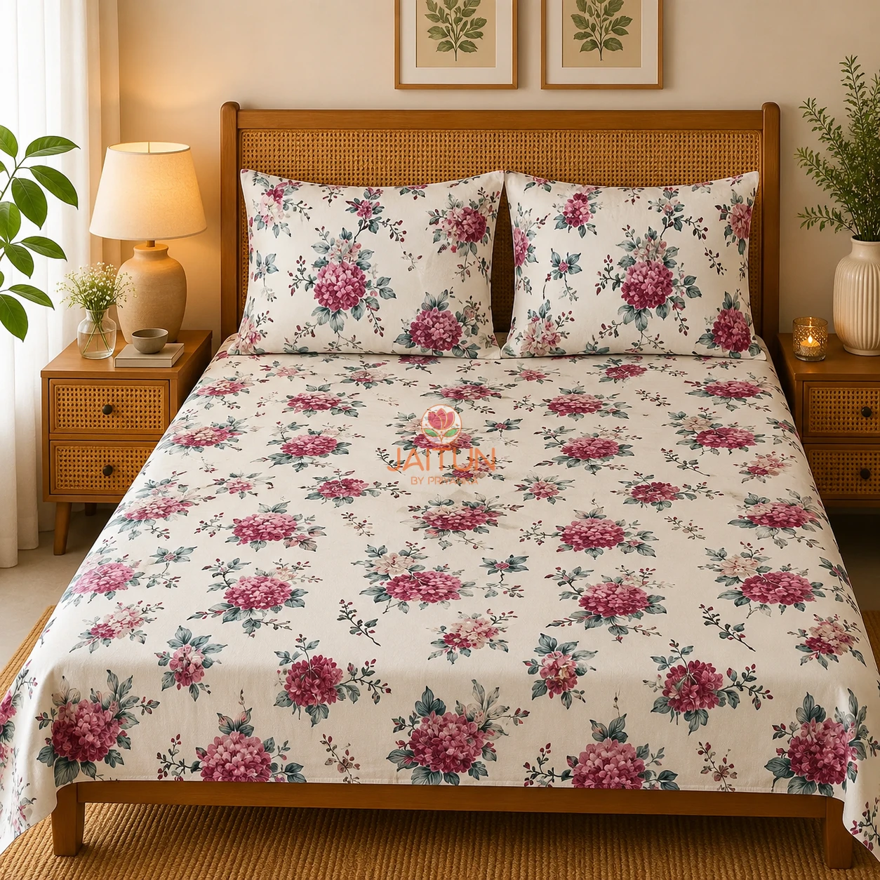 English Garden Floral Bedsheet – Styled Bed View English Garden floral bedsheet with matching pillow covers styled on a double bed