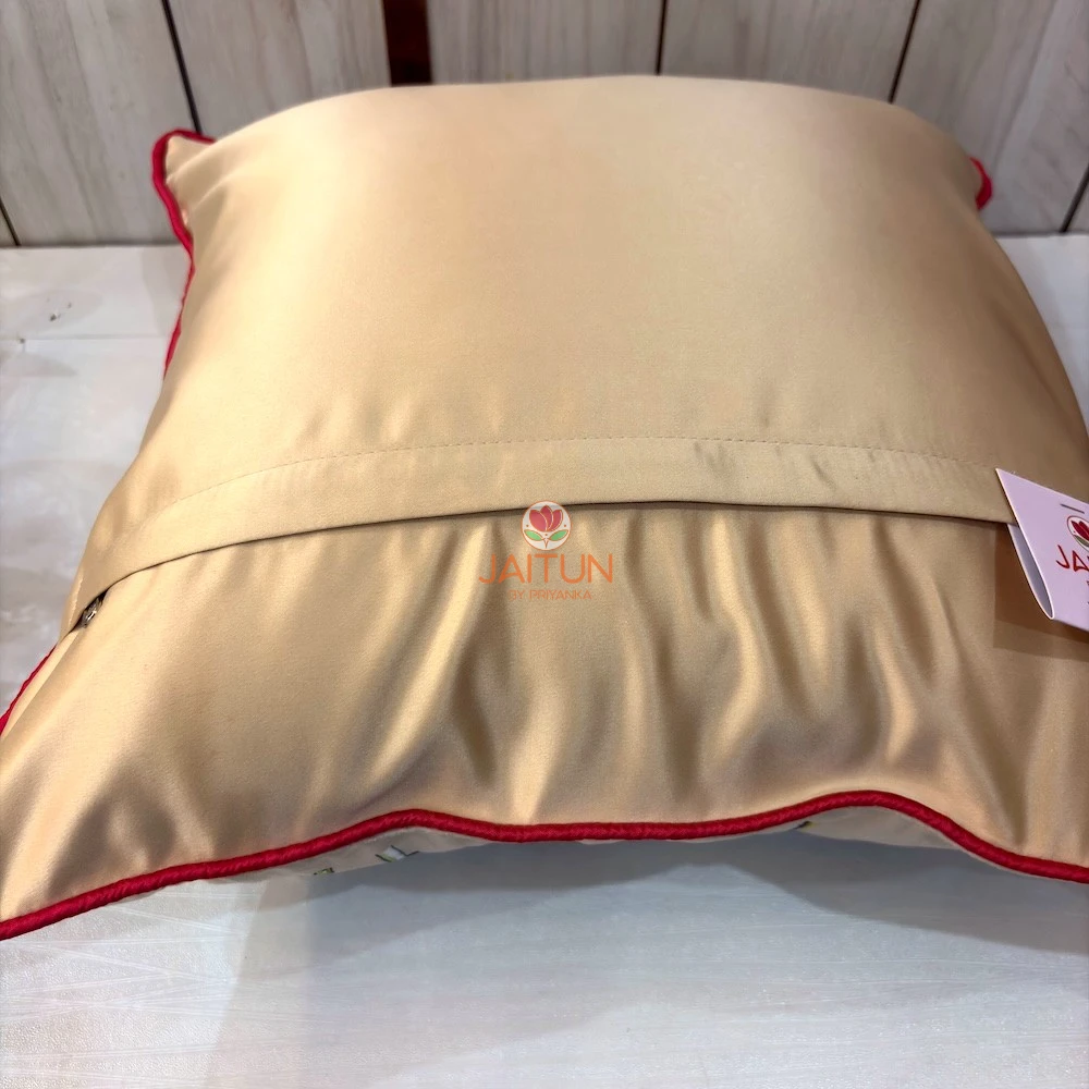 Back side of Flora Royal Cushion Cover with premium champagne beige fabric and concealed zipper closure