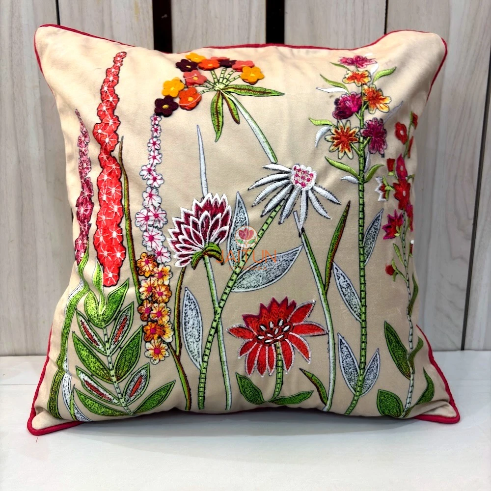 Flora Royal Cushion Cover 16 x 16 inches with multicolor embroidered floral garden design on champagne beige fabric