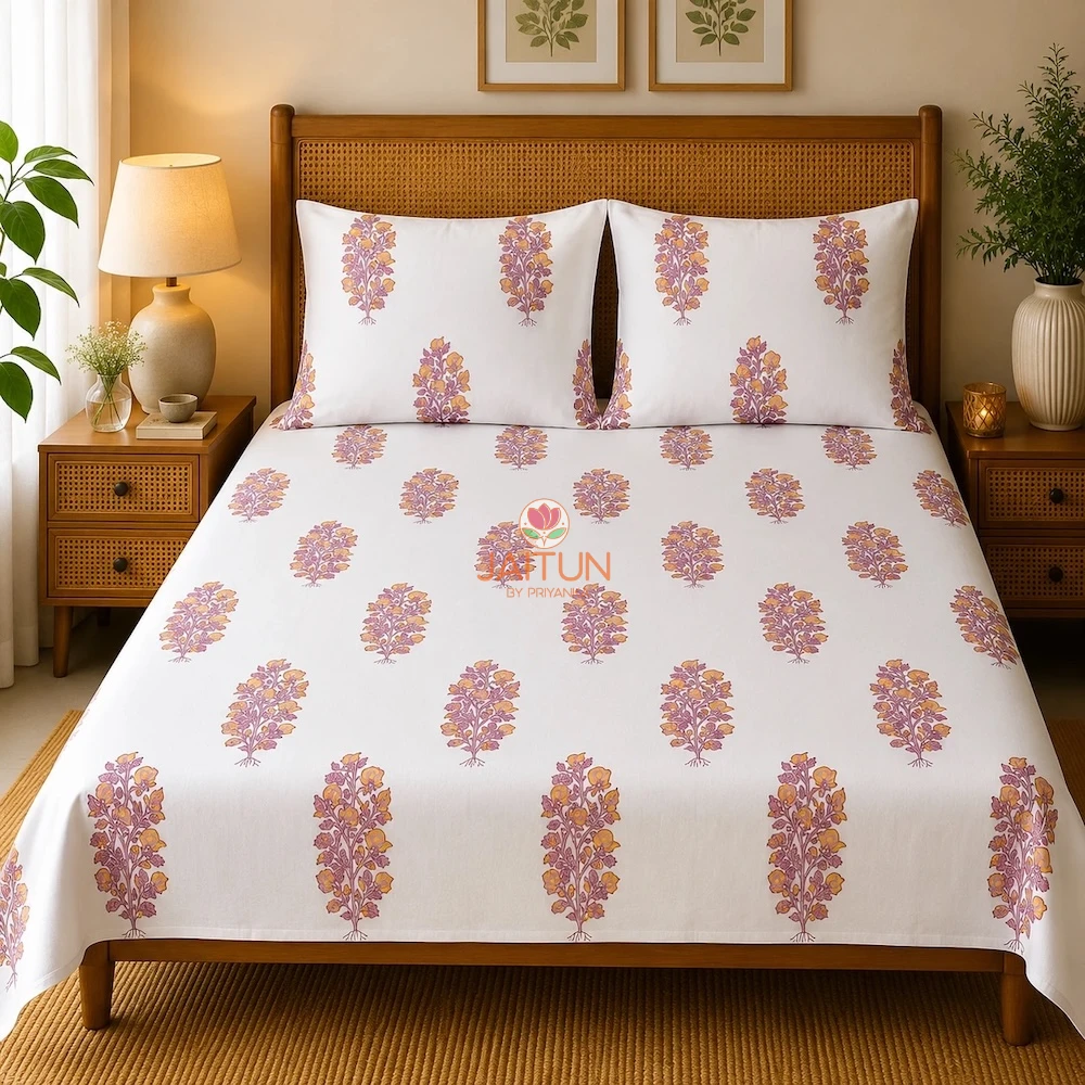 Foliage Petals Ivory bedsheet with matching pillow covers styled on bed by Jaitun