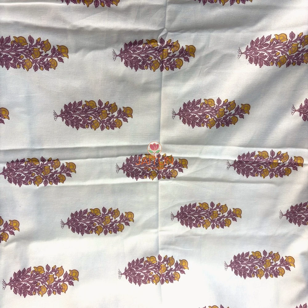 Close-up of mauve and mustard foliage print on Foliage Petals Ivory bedsheet