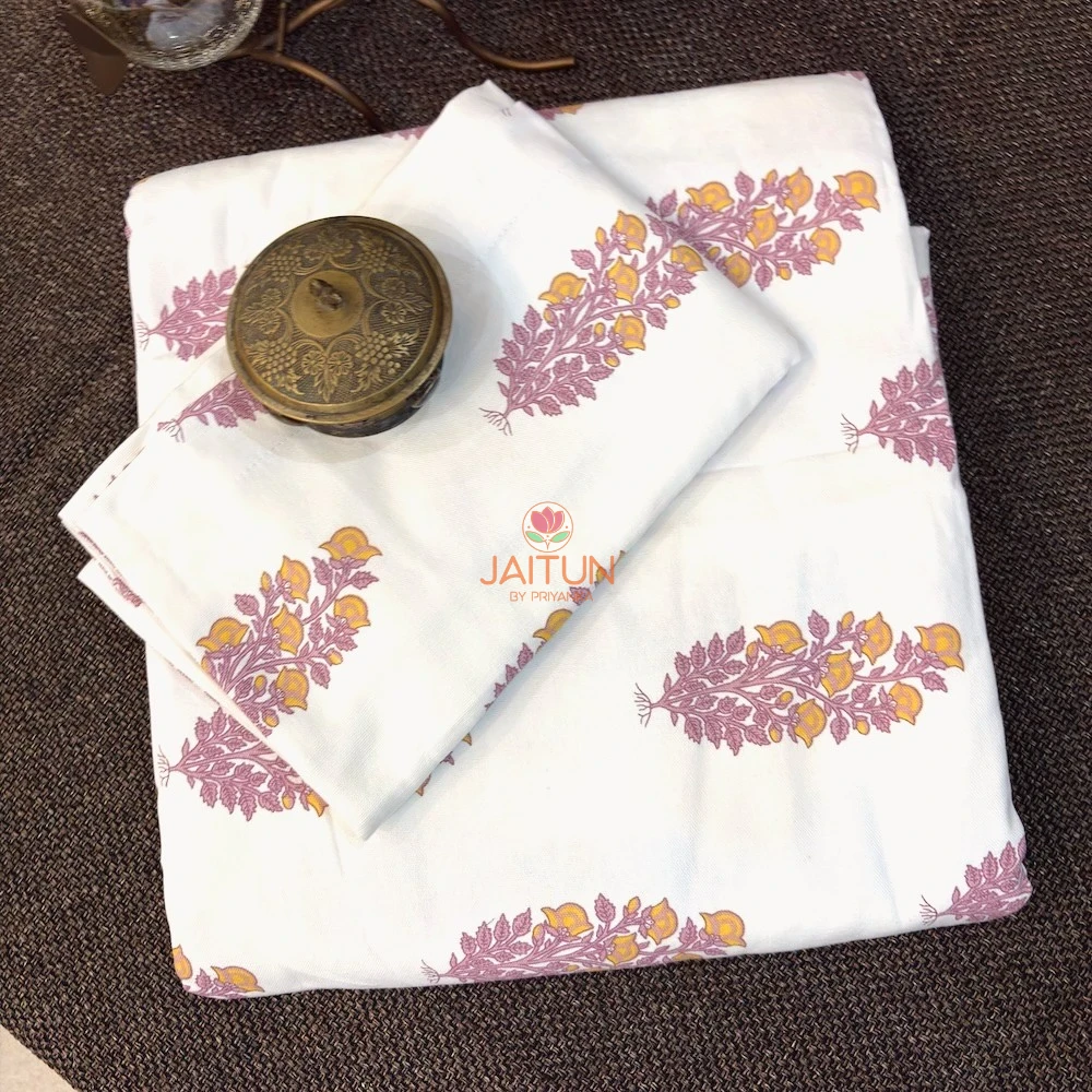Foliage Petals Ivory bedsheet set with mauve and mustard botanical print by Jaitun