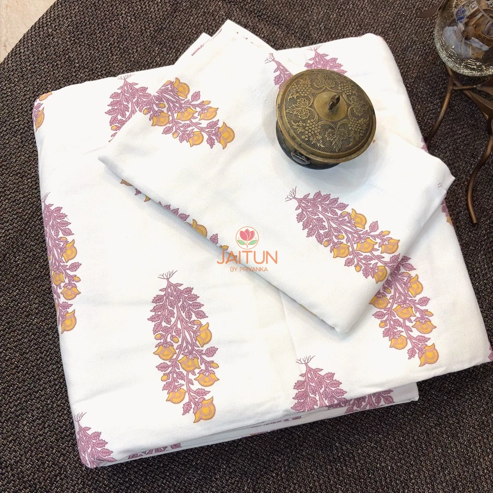 Folded Foliage Petals Ivory bedsheet showcasing mauve and mustard floral print