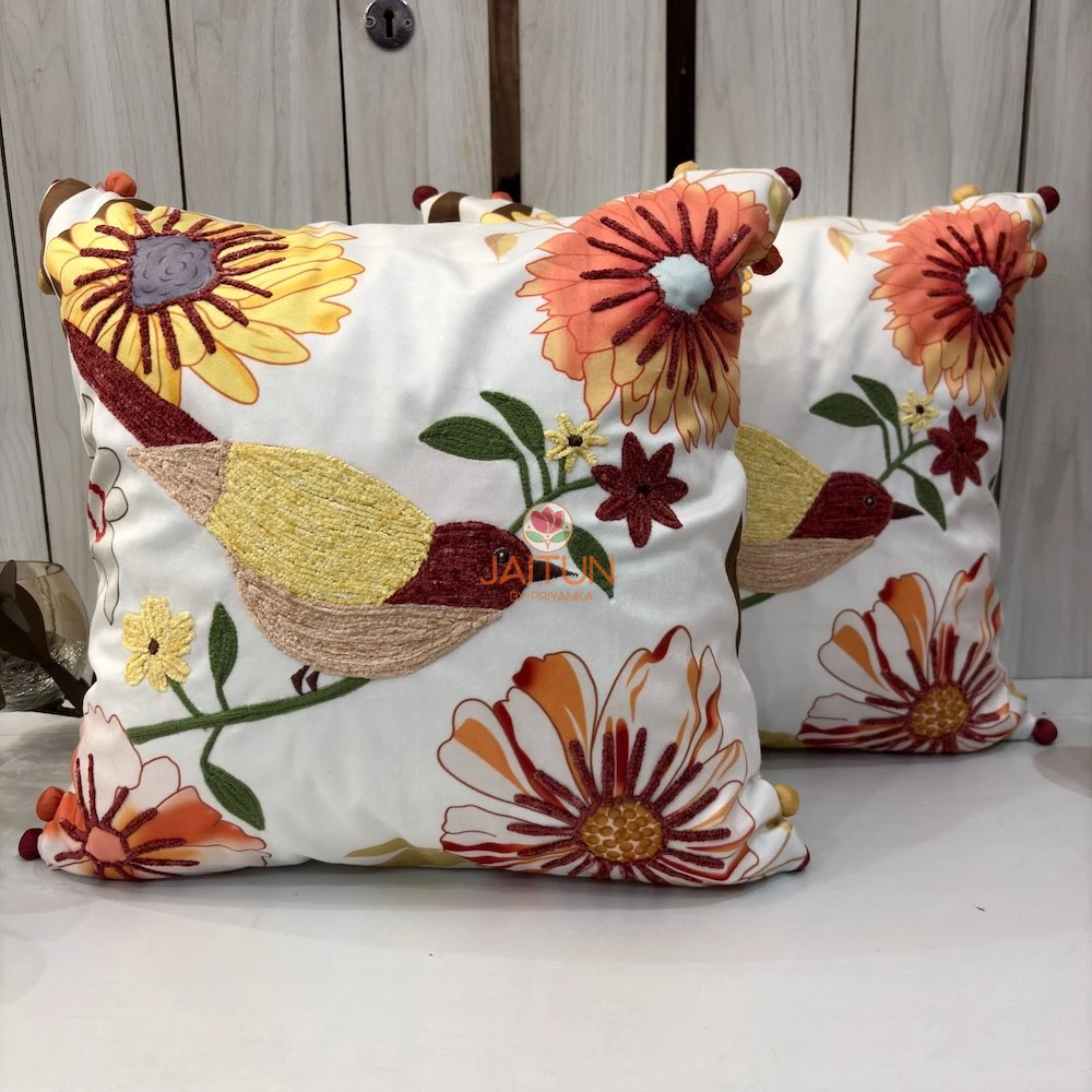 Golden Finch Garden Cushion Cover – Pair Display Pair of Golden Finch Garden Cushion Covers featuring embroidered birds, floral blooms, and ivory base fabric for elegant home décor.