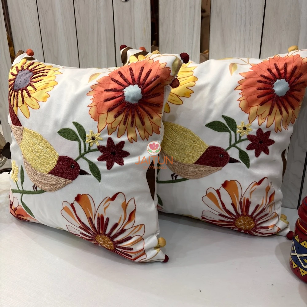 Golden Finch Garden Cushion Cover – Front View Golden Finch Garden Cushion Cover with embroidered finch bird and floral garden motif on ivory fabric, decorative cushion cover 16 x 16 inches.