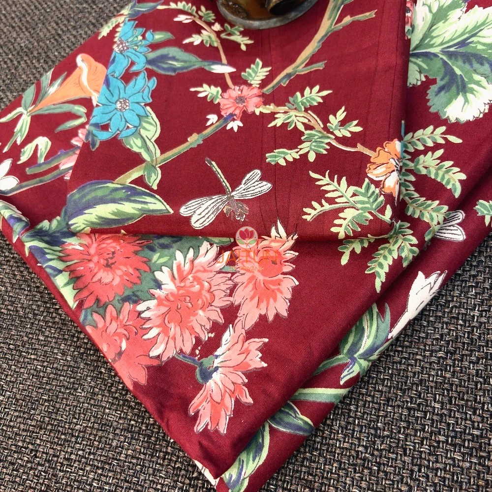 Gulzar Bloom Wine Red Double Bed sheet with multi color floral and dragonfly print detail