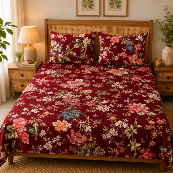 Gulzar Bloom Wine Red Double Bedsheet with multicolor floral and dragonfly print placed on bed