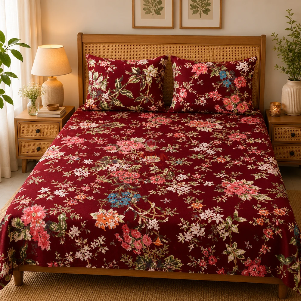 Gulzar Bloom Wine Red Double Bedsheet with multicolor floral and dragonfly print placed on bed