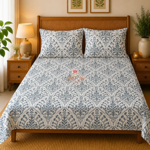 Indigo Fern Bedsheet with two matching pillow covers styled on a double bed