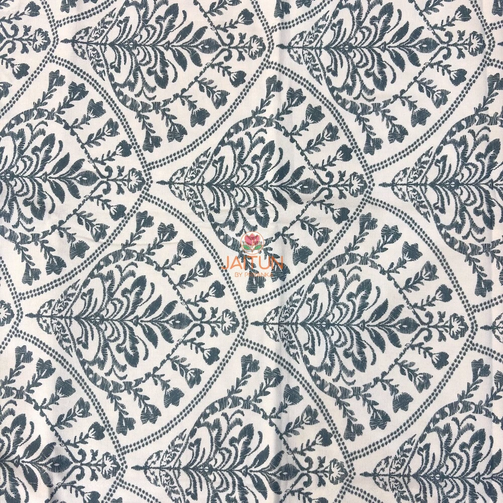 Detailed view of repeating botanical medallion print on Indigo Fern Bedsheet