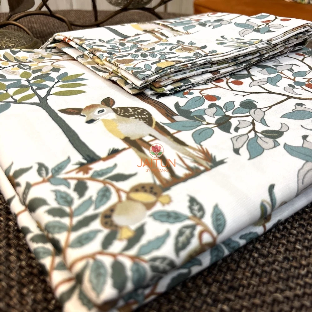 Little Deer Meadow Bedsheet – Fabric Detail Close-up of Little Deer Meadow bedsheet showing deer and woodland botanical print
