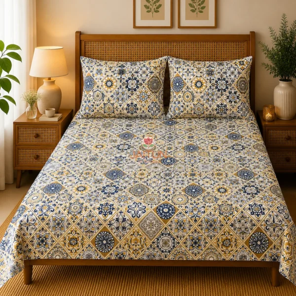 Mediterranean Mosaic Bedsheet with matching pillow covers styled on a double bed