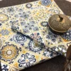 Close-up of Mediterranean Mosaic Bedsheet with intricate navy, mustard and grey geometric motifs
