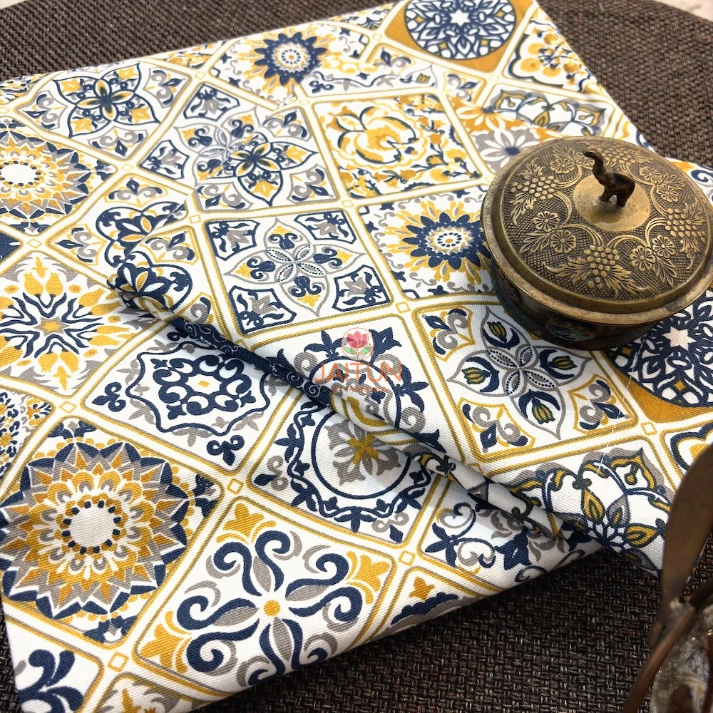 Close-up of Mediterranean Mosaic Bedsheet with intricate navy, mustard and grey geometric motifs