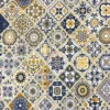 Mediterranean Mosaic Bedsheet geometric tile pattern in navy blue, mustard, grey and ivory