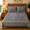 Moonlit Meadow floral double bed sheet in slate blue with beige botanical print and matching pillow covers by Jaitun