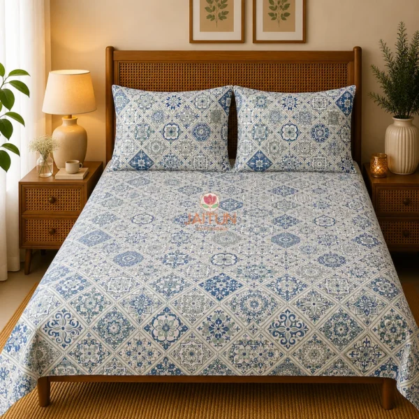 Moroccan Mist Bed Sheet with blue and sage Moroccan tile print and two matching pillow covers
