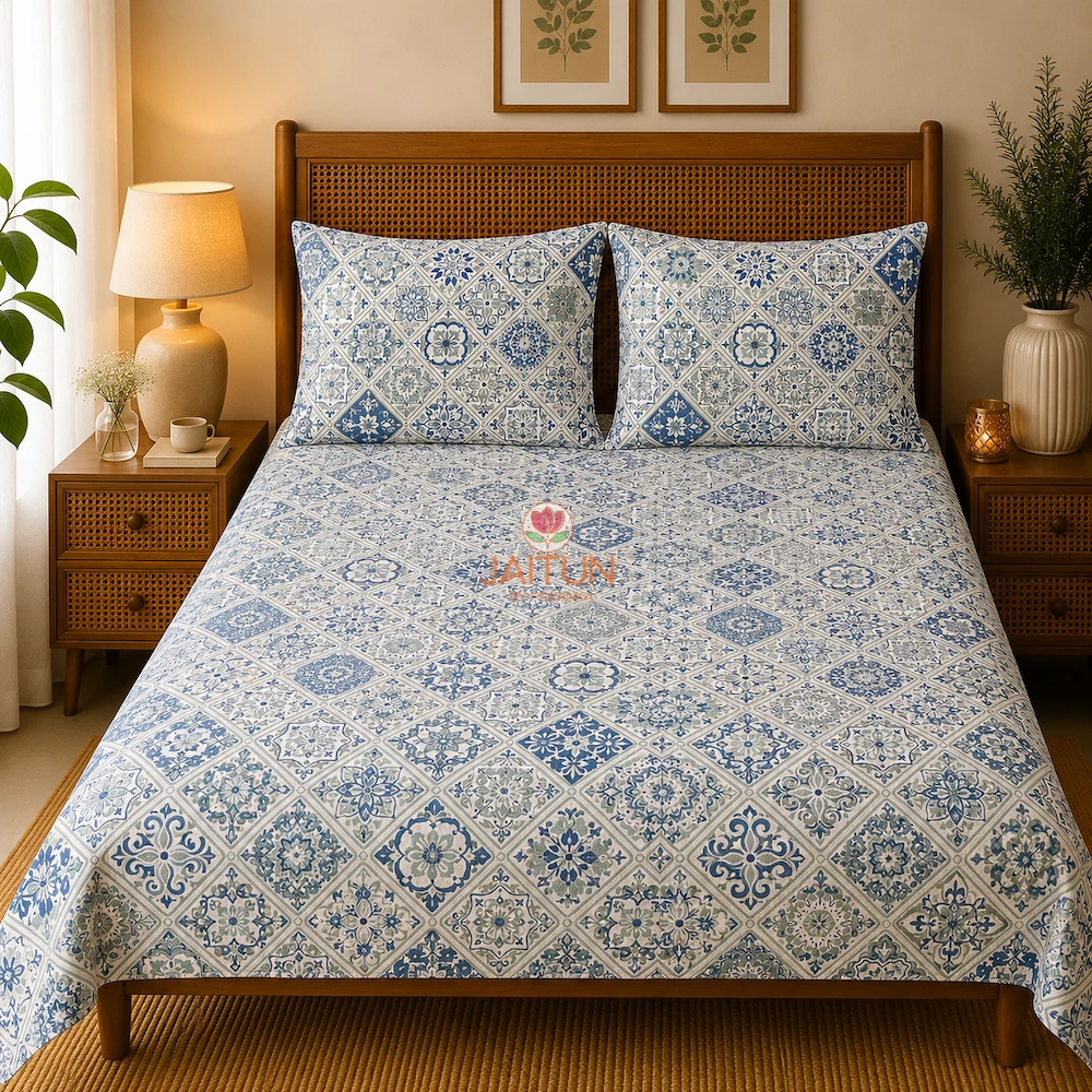 Moroccan Mist Bed Sheet with blue and sage Moroccan tile print and two matching pillow covers