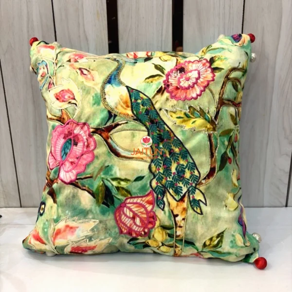 Emerald Peacock Blossom Embroidered Cushion Cover featuring peacock motifs, floral embroidery and luxurious decorative detailing