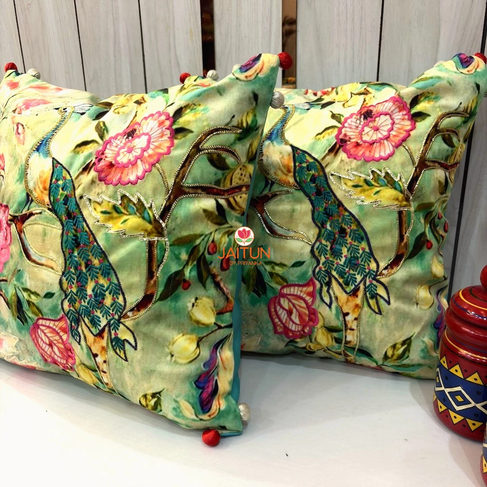 Luxury Emerald Peacock Blossom Embroidered Cushion Covers styled in an elegant home décor setting