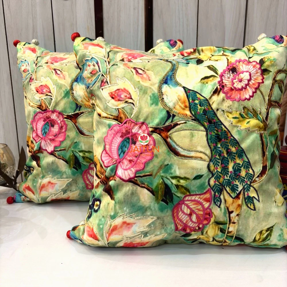 Pair of Emerald Peacock Blossom Embroidered Cushion Covers with vibrant floral artwork and peacock-inspired design