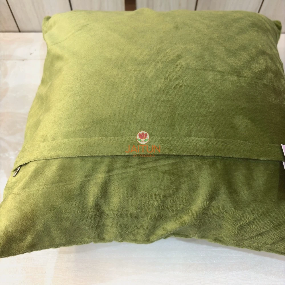 Back view of Sage Green Velvet Luxe Zigzag Cushion Cover featuring concealed zipper closure
