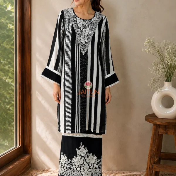 Black Ivory Elegance Kurta Set side view with striped kurta and embroidered pants