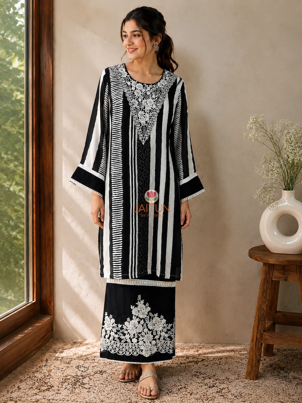 Black Ivory Elegance Kurta Set – Side View Black Ivory Elegance Kurta Set side view with striped kurta and embroidered pants