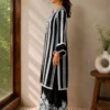 Black Ivory Elegance Kurta Set – Side View Black Ivory Elegance Kurta Set side view with striped kurta and embroidered pants