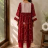Back view of Crimson Heritage red embroidered kurta with striped back yoke and lace hem