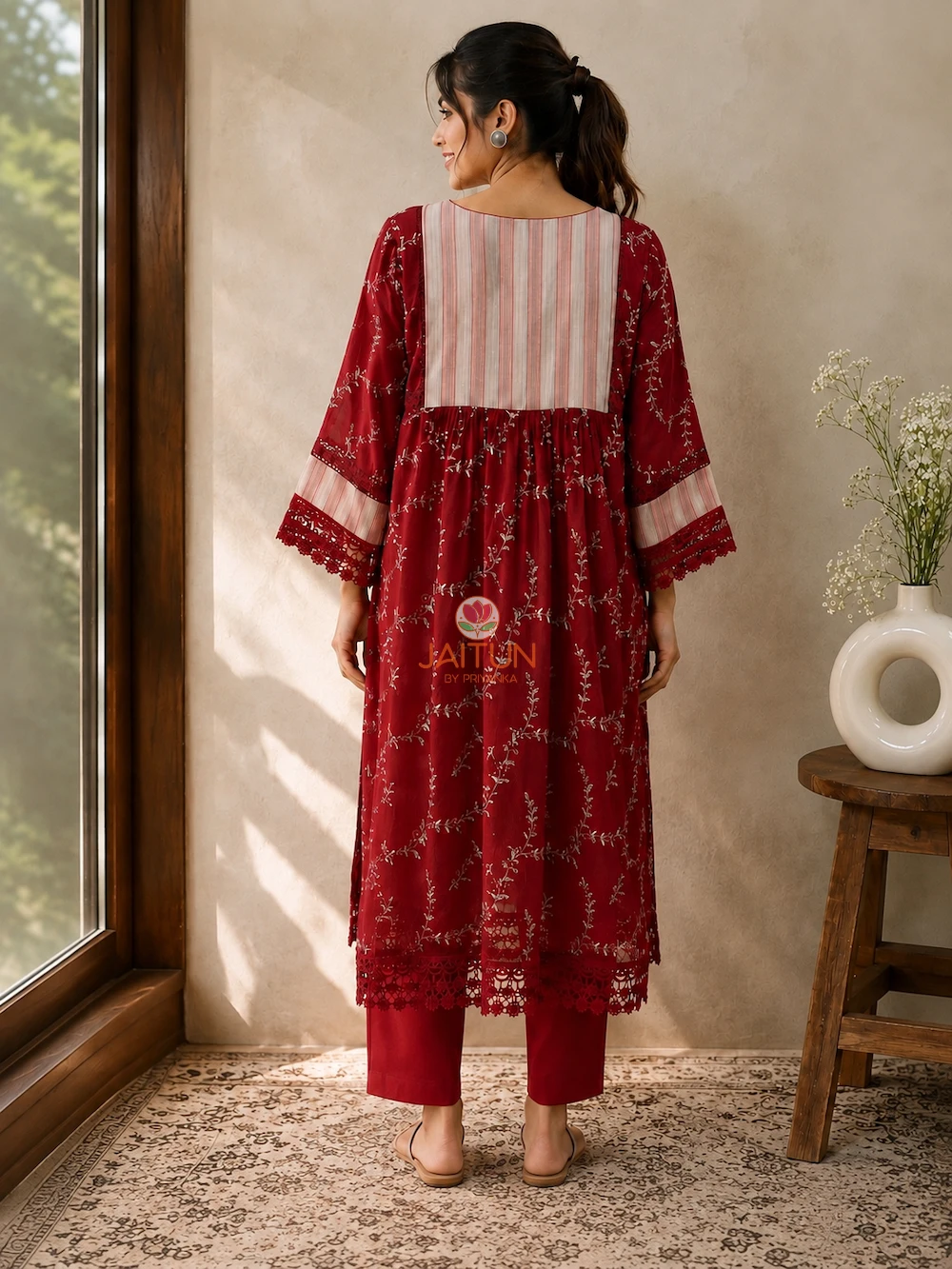 Back view of Crimson Heritage red embroidered kurta with striped back yoke and lace hem