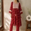 Crimson red embroidered kurta with striped yoke and lace-trimmed sleeves by Jaitun