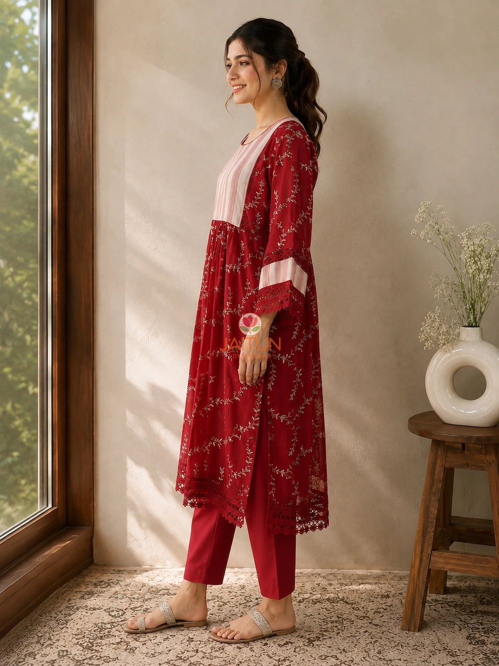 ide view of Crimson Heritage embroidered kurta with floral embroidery and flared sleeves